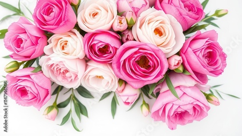 Fototapeta Naklejka Na Ścianę i Meble -  Fresh bunch of pink peonies and roses with copy space on white background, floral arrangement, roses
