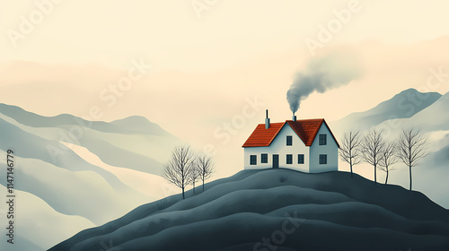 Illustration of house with heating fume on hilly terrain. Craggy. Illustration photo