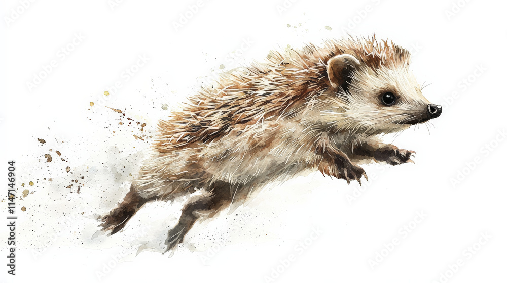Naklejka premium Dynamic watercolor hedgehog in motion, showcasing its lively spirit