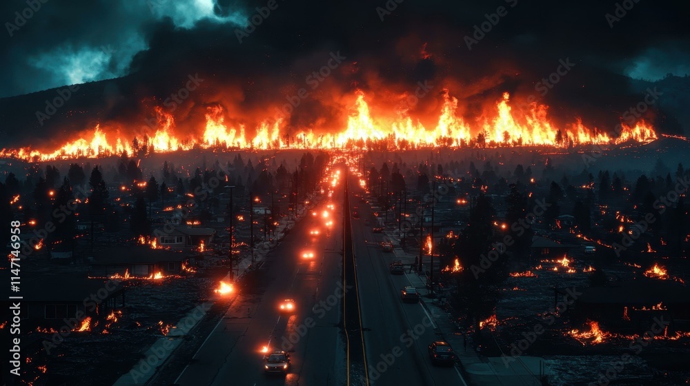 Massive wildfire with bright orange flames and thick smoke spreading across dense forest, emergency disaster scene, environmental crisis, dark smoky sky background, intense heat, urgent evacuation