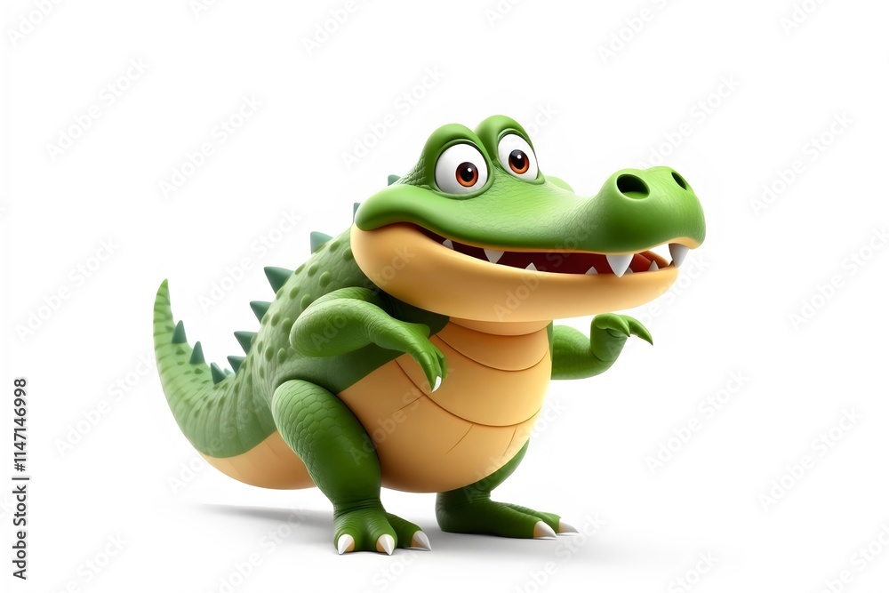 Funny Chubby Green Cartoon Crocodile Character on White Background