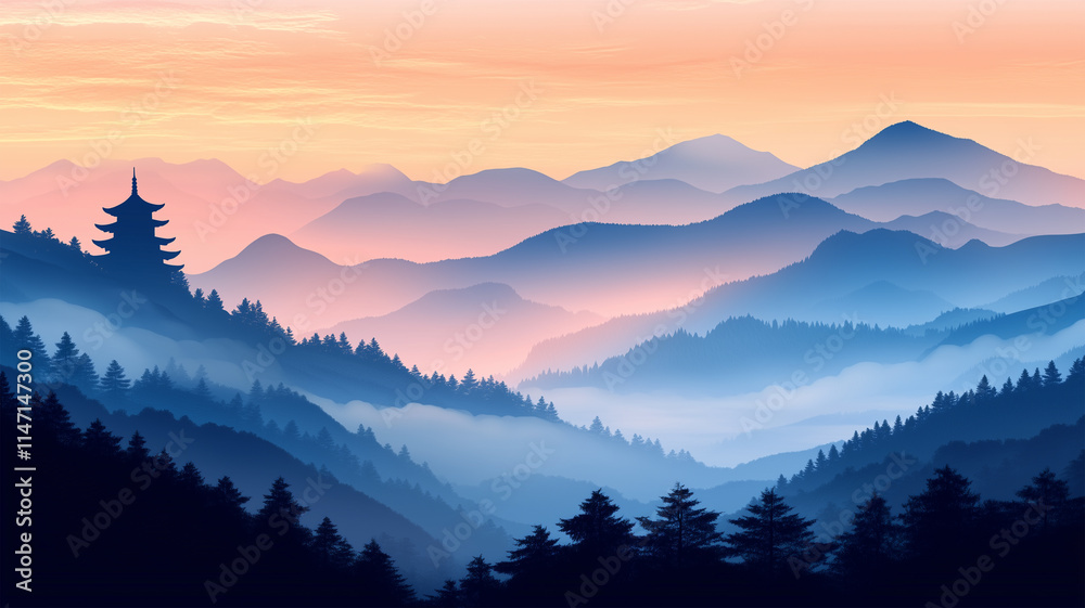 霧に包まれた山々と日の出の静寂な風景 霧に包まれた山々と日の出の静寂な風景