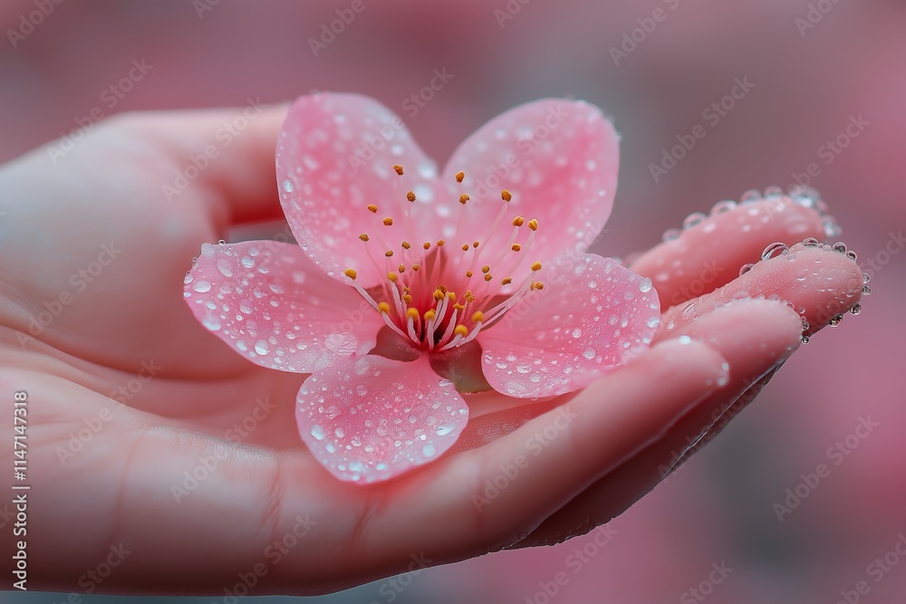 Close-up of a pink cherry blossom flower with water droplets delicately held in a person's hand, symbolizing nature's beauty Close-up of a pink cherry blossom flower with water droplets delicately held in a person's hand, symbolizing nature's beauty