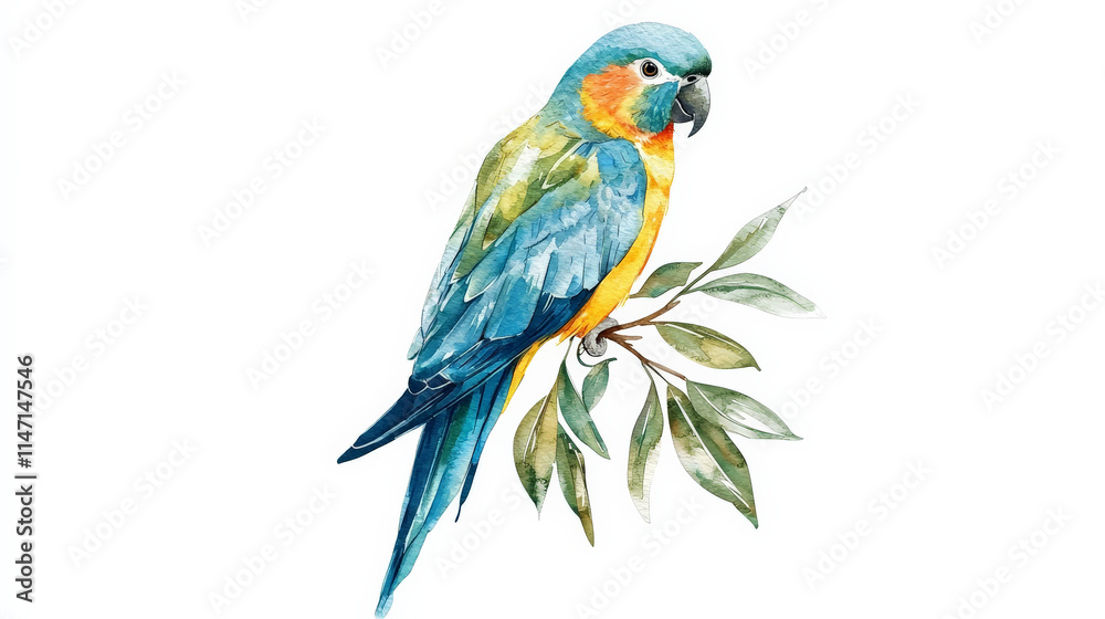 Fototapeta premium Watercolor parrot perched on branch with vibrant colors and leaves