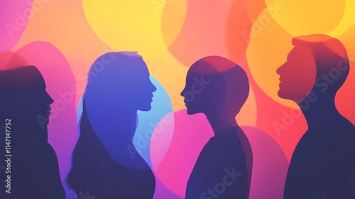 Silhouettes of diverse individuals against a vibrant, colorful backdrop, creating a sense of connection and harmony.