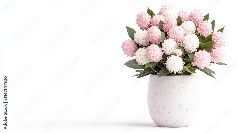 Pink and white hyacinth flowers in a white pot on white background. Pink and white hyacinth flowers in a white pot on white background.
