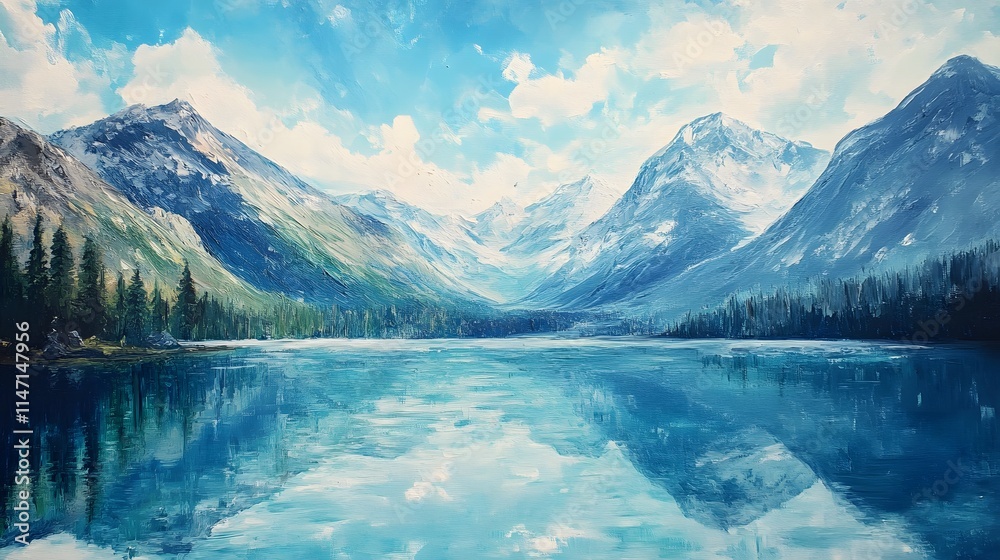 Fototapeta premium Serene Mountain Lake Landscape Reflecting Clouds and Sky