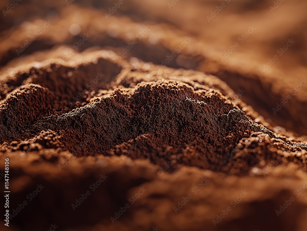 Close-up of finely textured ground coffee resembling miniature mountainous terrain, emphasizing the rich colors and intricate details of the granules Close-up of finely textured ground coffee resembling miniature mountainous terrain, emphasizing the rich colors and intricate details of the granules