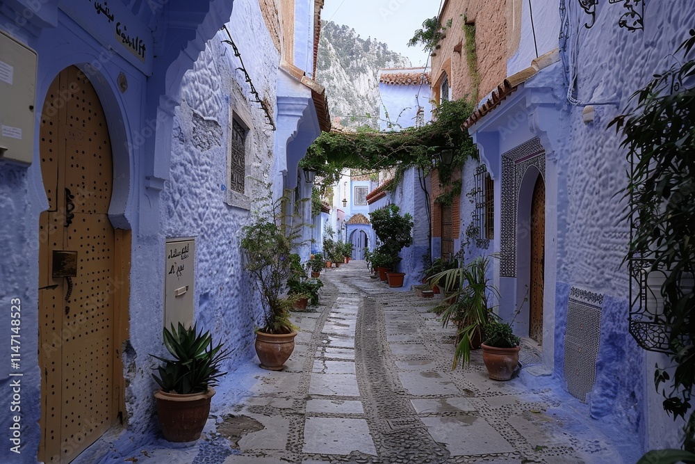 Naklejka premium A serene blue alleyway adorned with plants and traditional architecture.