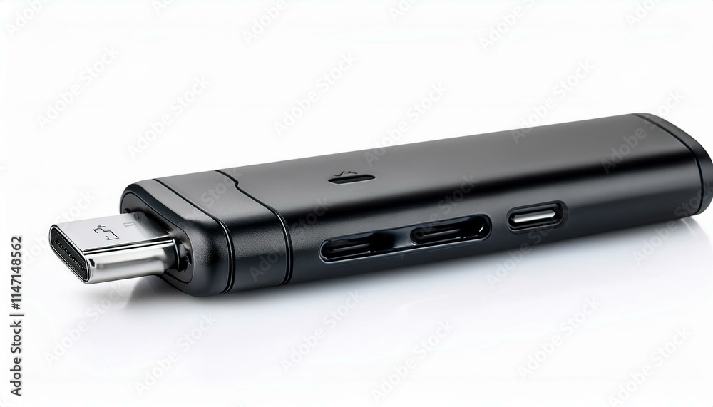 Sleek black USB-C hub with multiple ports. Sleek black USB-C hub with multiple ports.