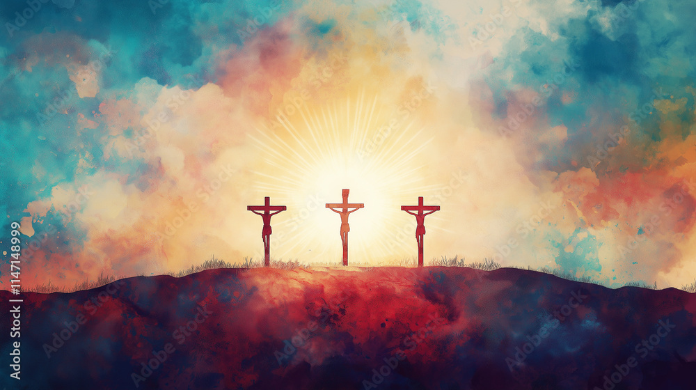 On hill against backdrop vast sky, crosse stand powerful symbol of Crucifixion, commemorating sacrifice Jesus Christ, God love, spirit of Easter, Christianity fill outdoor watercolor soft monotone. On hill against backdrop vast sky, crosse stand powerful symbol of Crucifixion, commemorating sacrifice Jesus Christ, God love, spirit of Easter, Christianity fill outdoor watercolor soft monotone.
