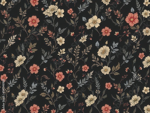 Seamless charcoal small floral elements wallpaper with delicate flowers and leaves, botanical, wallpaper