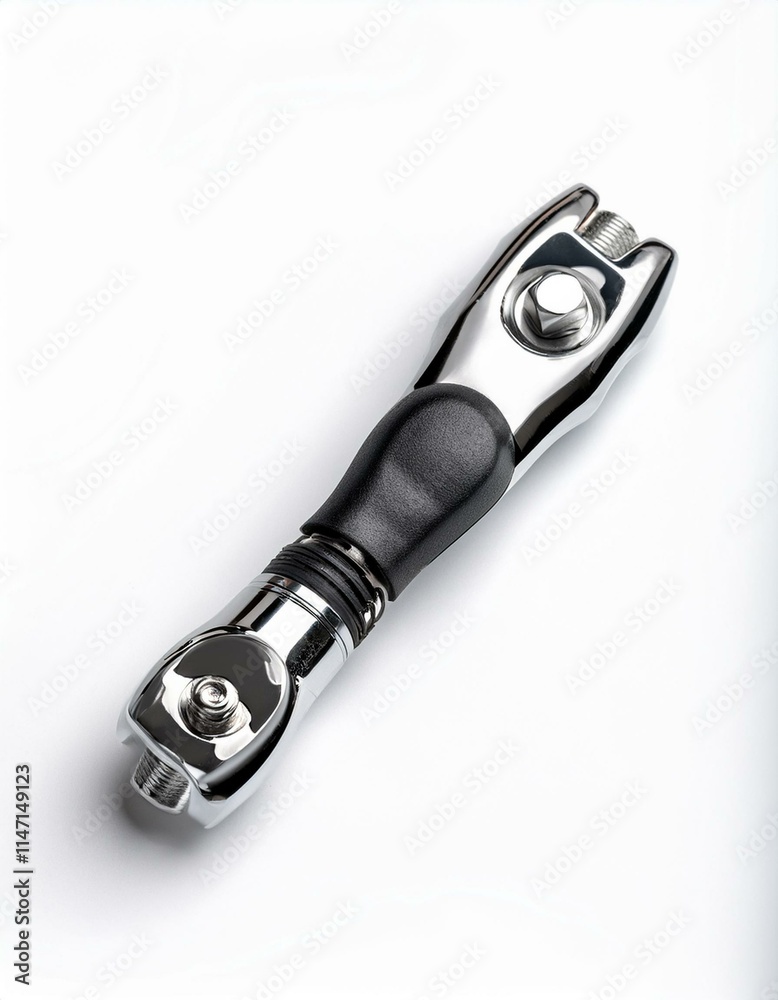 Close-up of a chrome and black motorcycle part. Close-up of a chrome and black motorcycle part.