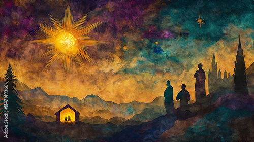 Dark blue desert night,  starry comet streaks across sky above nativity scene, where holy family gathers in stable to witness birth of Jesus Christ, bathed in light of  bright star watercolor.