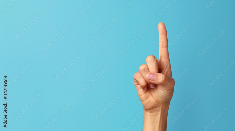 Fototapeta premium A female hand elegantly displaying the number one, with an index finger pointed upwards against a light blue backdrop.