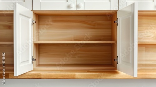 A womans hand reaches out to open a kitchen cabinet, revealing neatly organized shelves and modern furniture design.