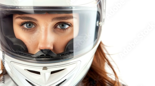 A confident female rider in a sleek white helmet, striking a pose against a clean white backdrop with ample copy space.