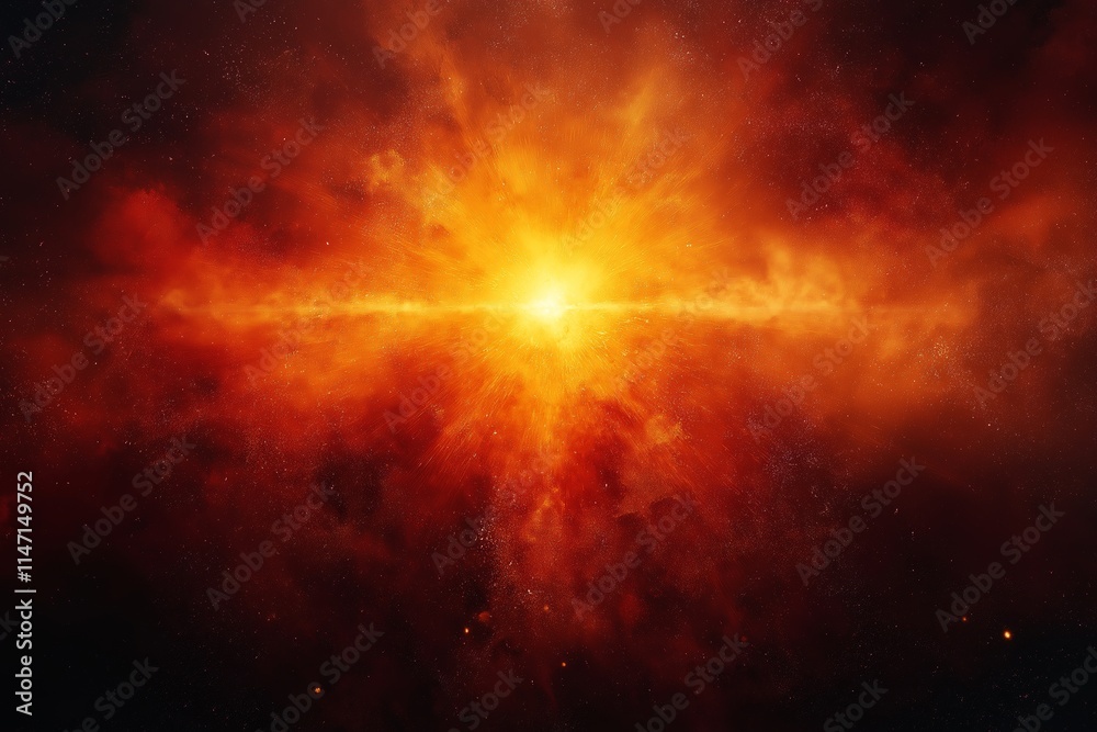 Fiery cosmic explosion with intense orange and yellow colors, illustrating a celestial event in deep space with dramatic impact