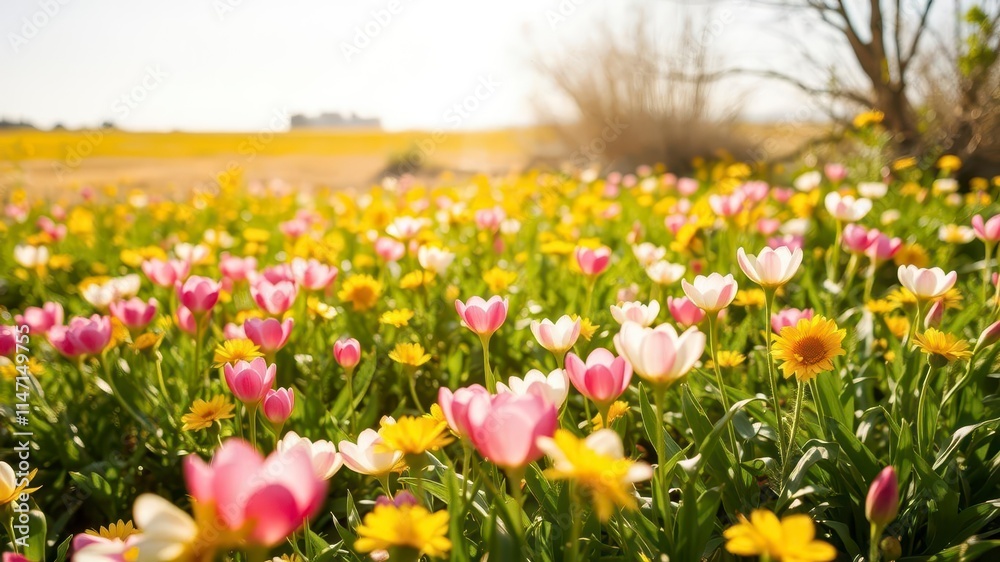 Obraz premium Vibrant daffodil flowers blooming in a sunlit field, petals, growth, sunny