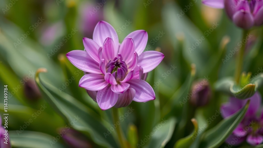 Vibrant purple flower petals and delicate leaves on a green background, bright, fresh Vibrant purple flower petals and delicate leaves on a green background, bright, fresh