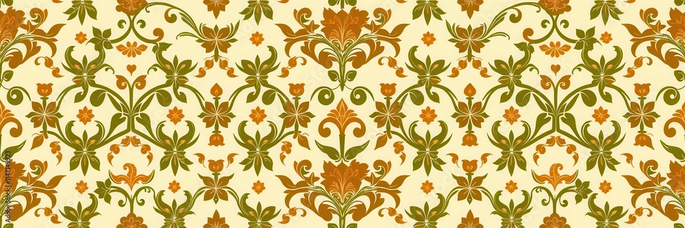 Fototapeta premium Swirly floral retro wallpaper pattern with orange, green, and brown flowers on a cream background, wallpaper, pattern, cream