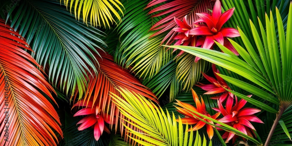 Naklejka premium Tropical palm leaves background with vibrant green colors and textures, outdoors, colors, environment