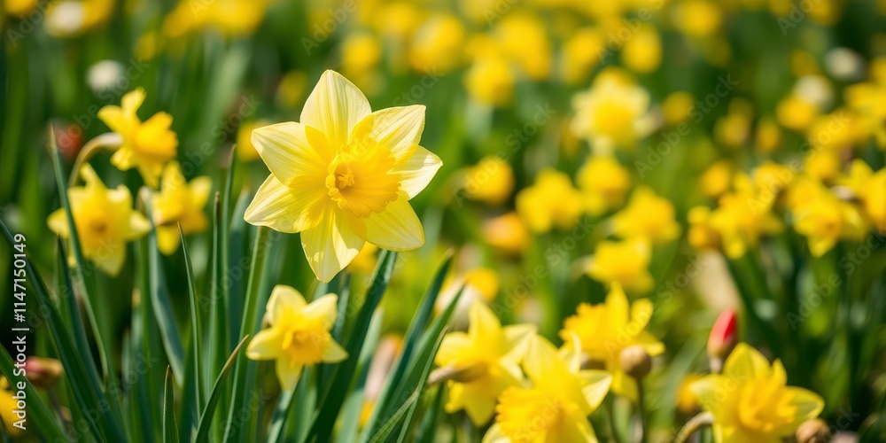 Vibrant yellow daffodil flowers blooming in a lush green field under the sun, sun, beautiful Vibrant yellow daffodil flowers blooming in a lush green field under the sun, sun, beautiful