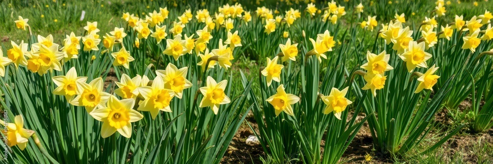 Vibrant yellow daffodil flowers blooming in a vast field under the bright sun, seasonal, botany Vibrant yellow daffodil flowers blooming in a vast field under the bright sun, seasonal, botany