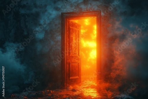 Mysterious open doorway with bright orange flames behind, casting eerie glow in dark, smoky, abandoned room filled with mystery