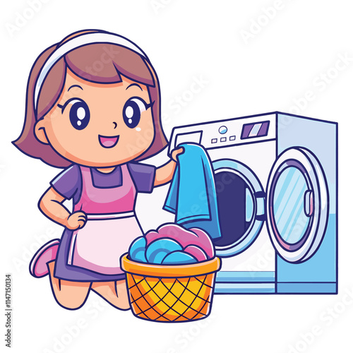 A cute cartoon girl is happily doing laundry near a washing machine, holding a pink shirt.