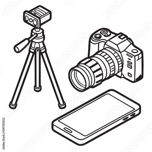 The image shows a DSLR camera with a large lens a tripod and a smartphone suggesting professional photography or videography equipment. set