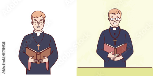 The image depicts a smiling priest in a dark robe holding a bible and wearing glasses.