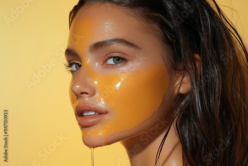 Close-up portrait of a woman with honey facial mask highlighting skincare, beauty, and natural wellness against soft yellow background