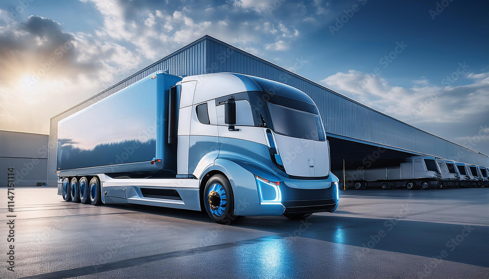 Futuristic Truck in Front of High-Tech Logistics Warehouse
