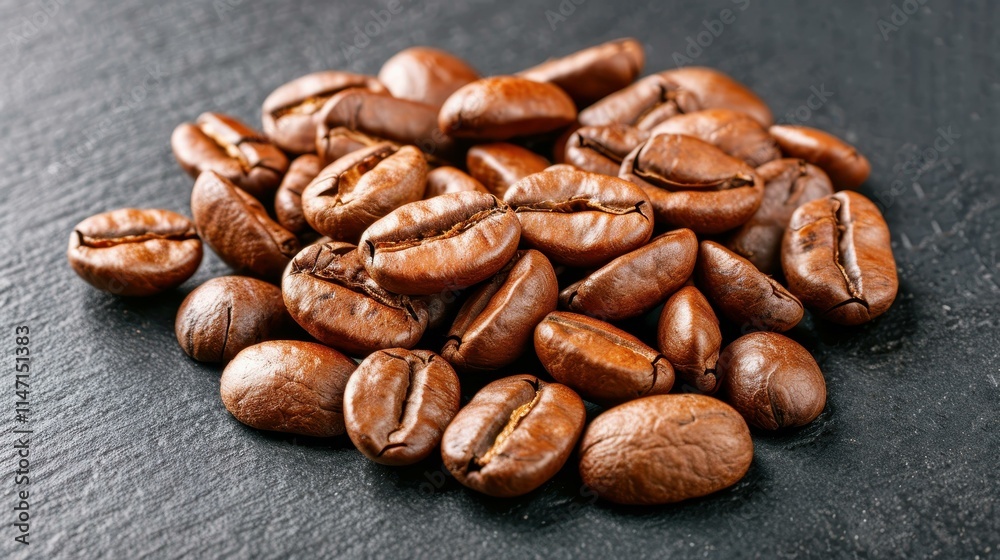 Rich brown roasted coffee beans create an inviting aroma, perfect for a dark background that enhances their deep hue. Rich brown roasted coffee beans create an inviting aroma, perfect for a dark background that enhances their deep hue.