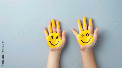 Colorful hands with smiley faces show joy and creativity, perfect for kids Explore fun art with pastel paints.
