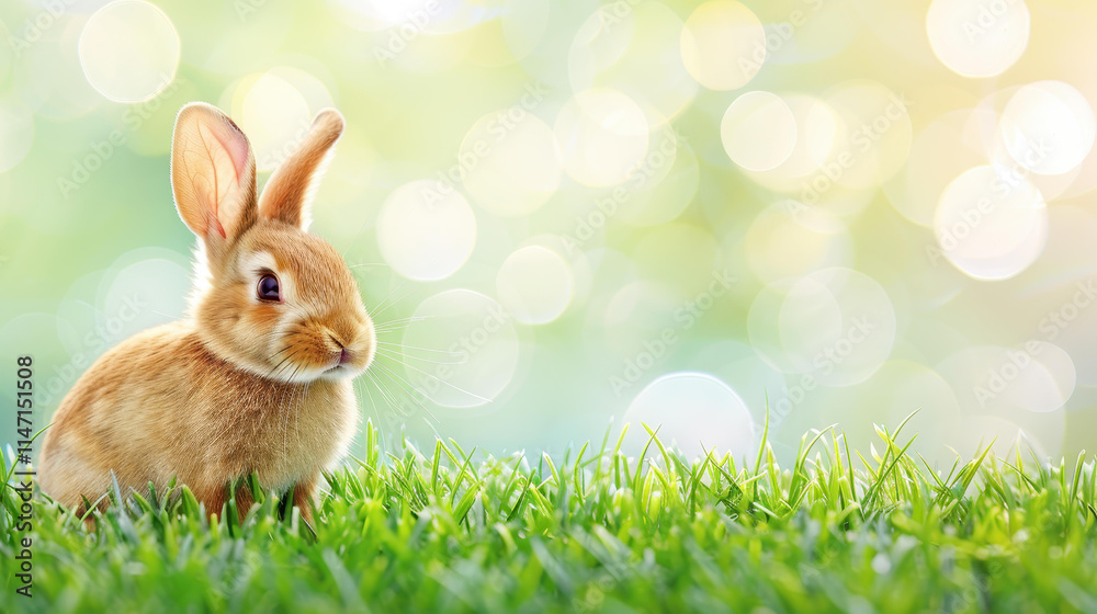 Obraz premium A cute little bunny hops through the soft green grass, surrounded by a dreamy springtime bokeh backdrop.