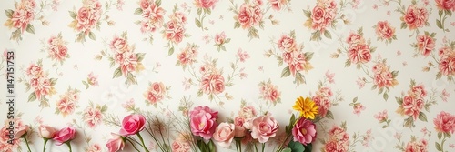 A vintage-style wall adorned with artificial flowers in various colors and textures, wallpaper, spring, vintage style