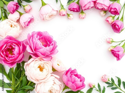 Fototapeta Naklejka Na Ścianę i Meble -  Beautiful arrangement of pink peonies and roses on a white background with space for text, flowers, beauty, pink
