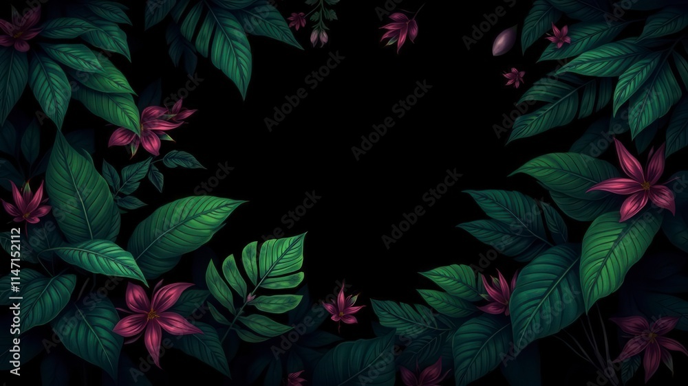A dark, mysterious pattern featuring exotic leaves in shades of green and black, black, dark A dark, mysterious pattern featuring exotic leaves in shades of green and black, black, dark