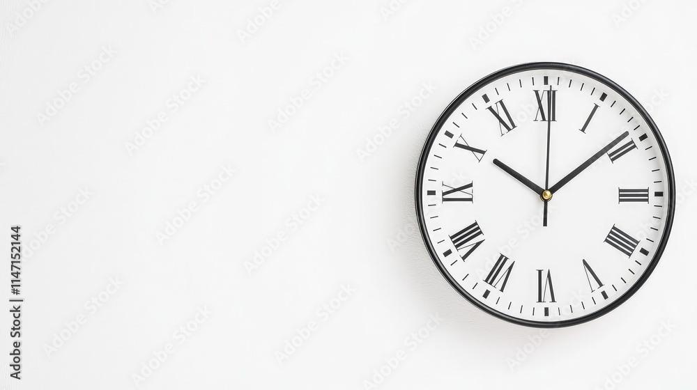 Simple round wall clock with roman numerals on white background. Simple round wall clock with roman numerals on white background.