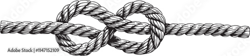 Knotted ropes eight knots realistic cords knot in vector. Nautical thread whipcord with loops and noose. Twisted, braided, folded, spiral fiber. Illustration hand drawn black graphic background