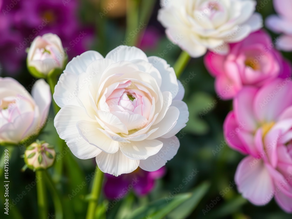 Close-up of beautiful pink and white ranunculus flowers blooming in a garden, garden, nature Close-up of beautiful pink and white ranunculus flowers blooming in a garden, garden, nature
