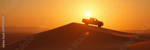 A dramatic silhouette of a rally car atop a sand dune at sunset, capturing the spirit of adventure and competition in the Dakar Rally.