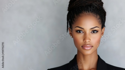 Confident young Black woman with locs, neutral expression, studio portrait.