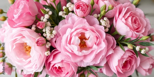 Fototapeta Naklejka Na Ścianę i Meble -  Fresh bunch of vibrant pink peonies and delicate roses arranged beautifully with ample copy space, delicate, blossoms, bunch
