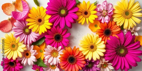 Colorful spring flowers such as tulips, daisies, and daffodils arranged beautifully on a soft pastel paper background, spring, background