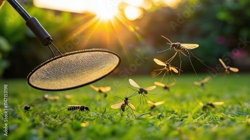 Swarm of mosquitoes flying near grass with insect zapper during sunset in a lush green garden highlighting summer pests
