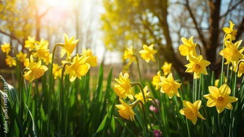 Gorgeous daffodil flowers blooming in a vast field, sunlight, outdoor, fresh