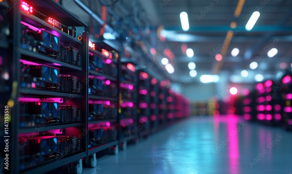 A data center with rows of servers illuminated in vibrant colors. A data center with rows of servers illuminated in vibrant colors.